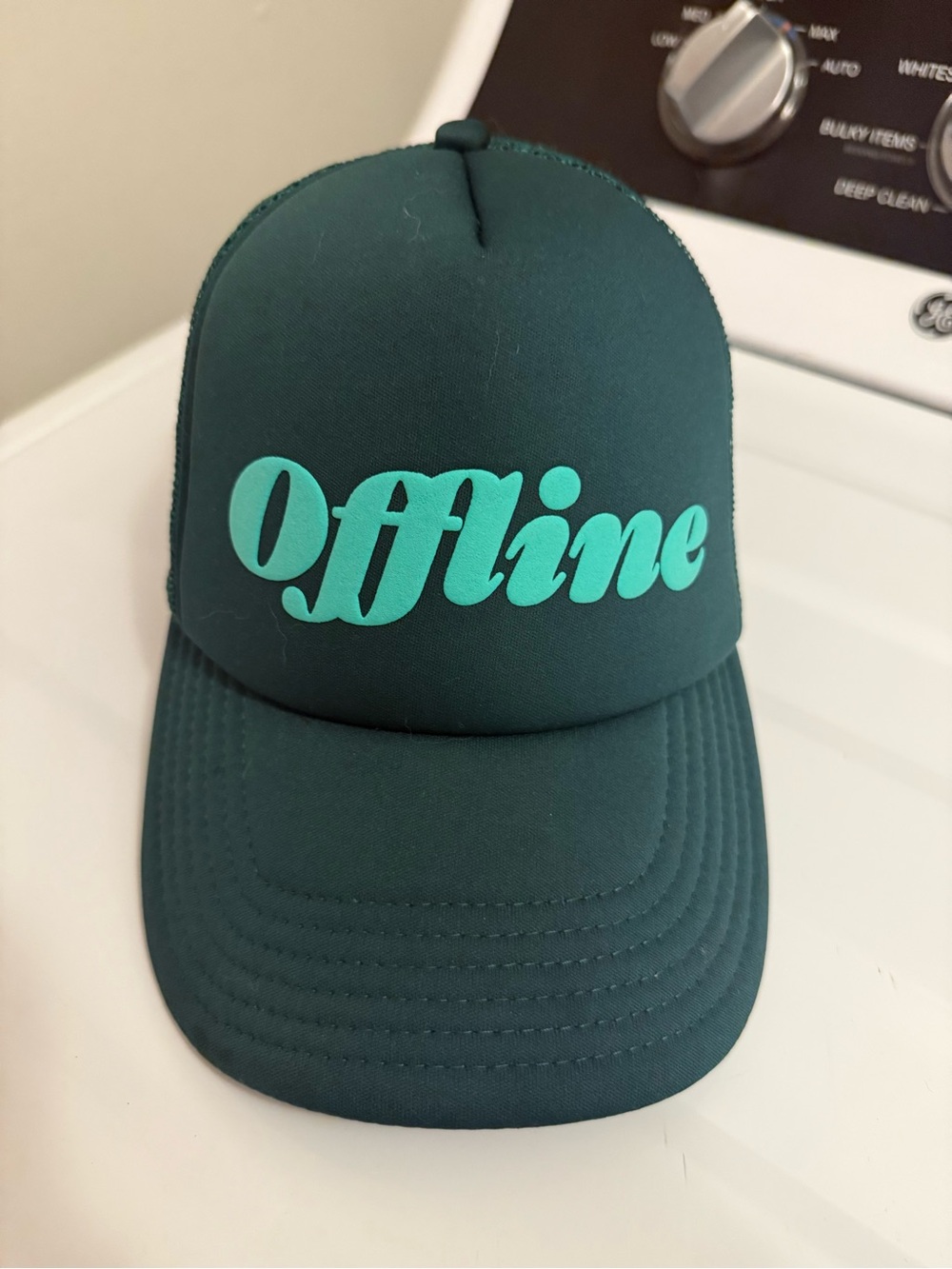 "Offline" Script Logo Trucker Hat in Teal